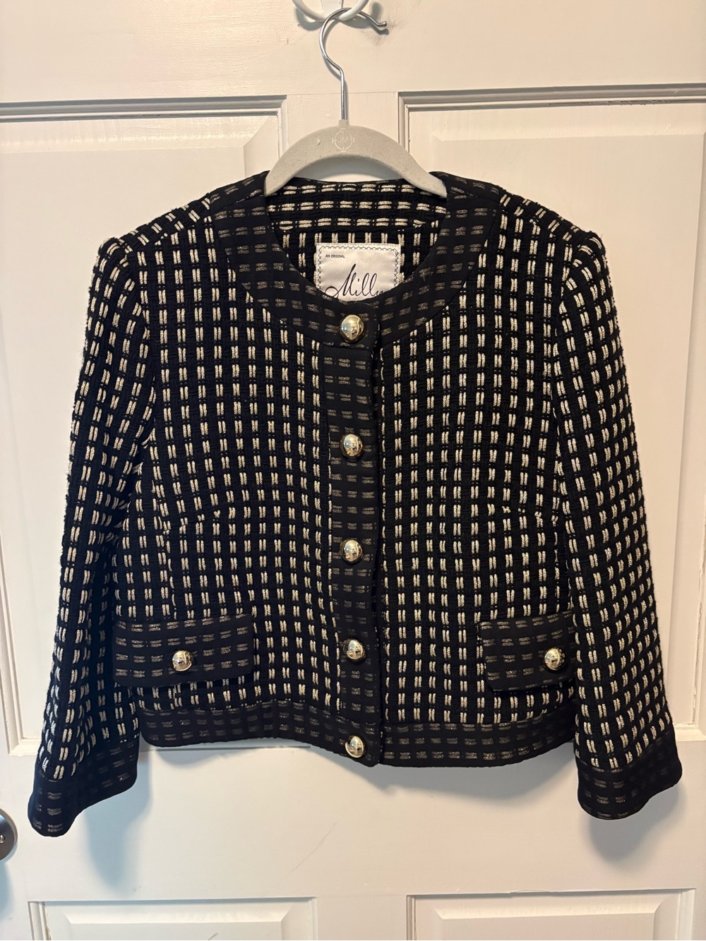 Milly of New York black gold boucle wool womens classic blazer jacket 8 m